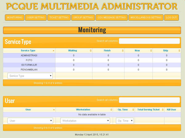 Dashboard administrasi PCQue Web